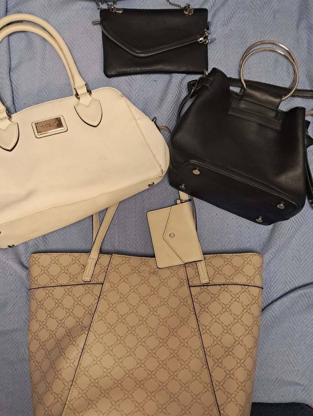 Assorted Womens Handbags - Beige Tote & White Satchel with 2 Black Crossbody